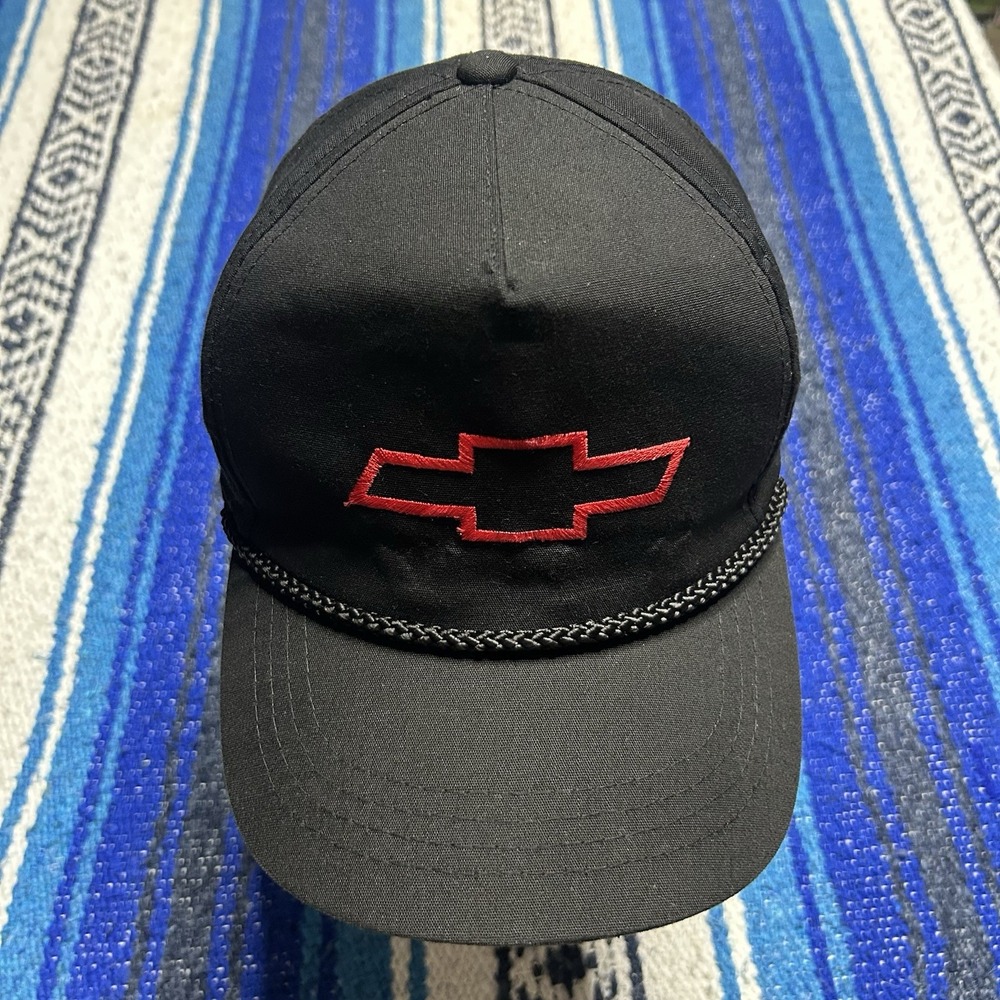 Vintage 80's/90's Black Team Chevy Red Rope Strapback Adjustable Hat Racing Cap